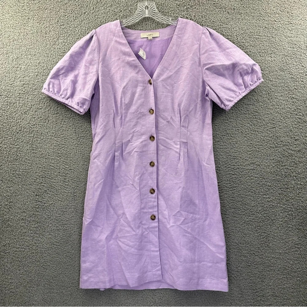 NWT LOFT Button V Neck Dress Orchid‎ Flash Light Purple Linen Blend Women's 10